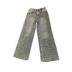 OAT‎ High Rise Wide Leg Jeans Heart Denim Medium Wash Blue Womens Size 6/28 NEW